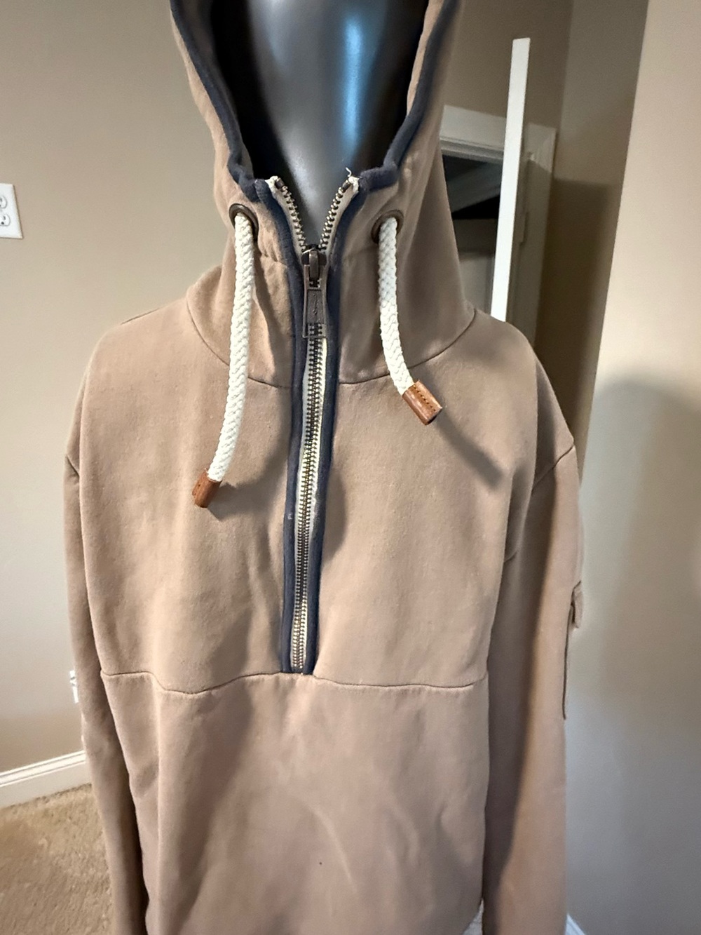 Men's Taupe Half-Zip Hoodie with Rope Drawcords